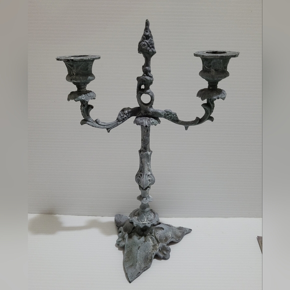 Antique Iron Cast French Louis XV Style 2 Branch Candelabra Ornate Rococo Design - Picture 2 of 10